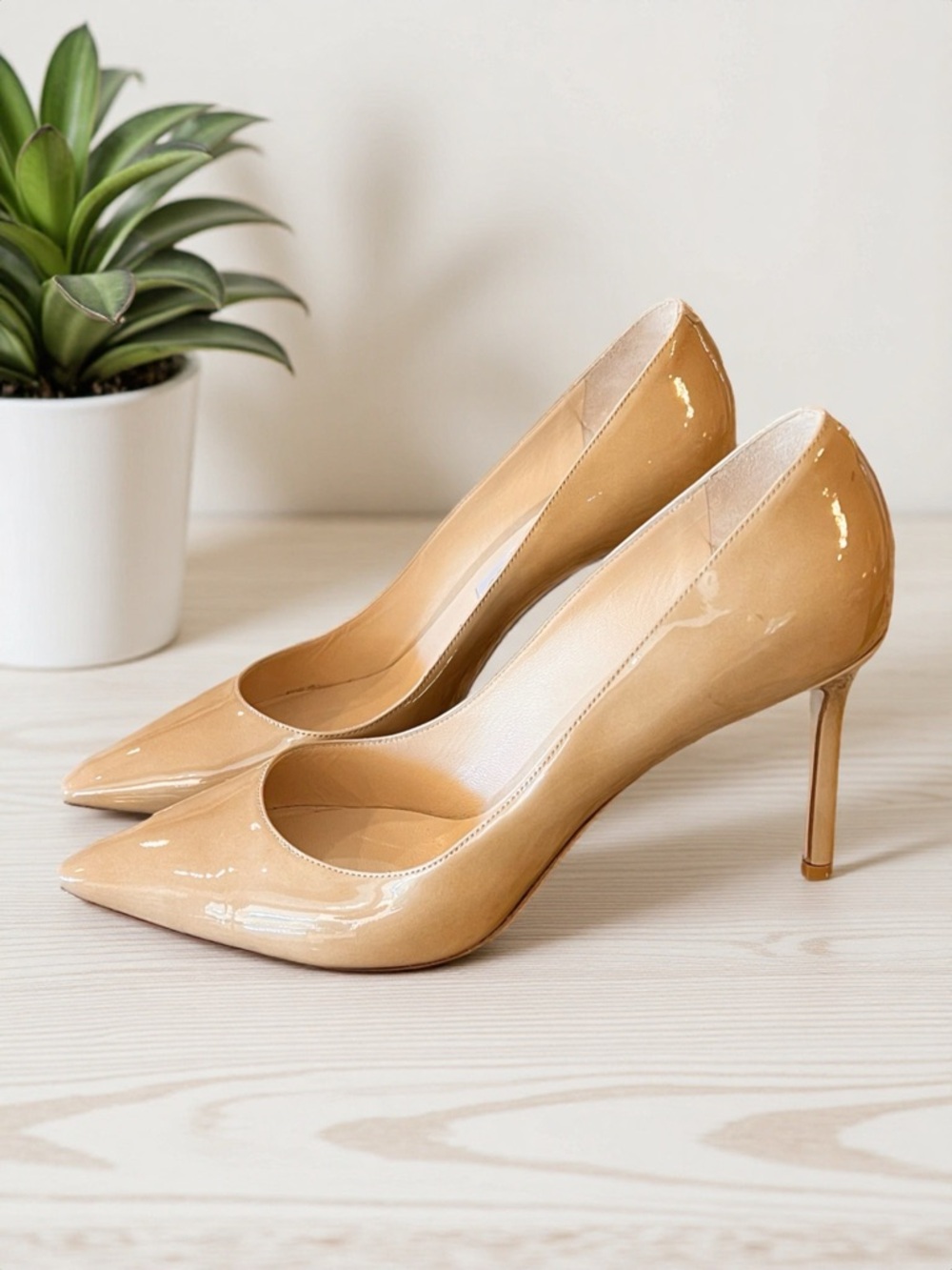 Jimmy Choo Nude Patent Pointed-Toe Stiletto Pumps Romy 85 SZ 12